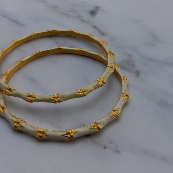 KJL Kenneth J Lane "Bamboo" Bracelets 2x White Enamel w Gold Leaf + Wash - Picture 9 of 15